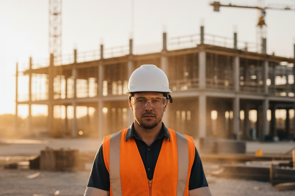 Industrial worker wearing safety helmet and high-visibility vest at construction site for workplace safety