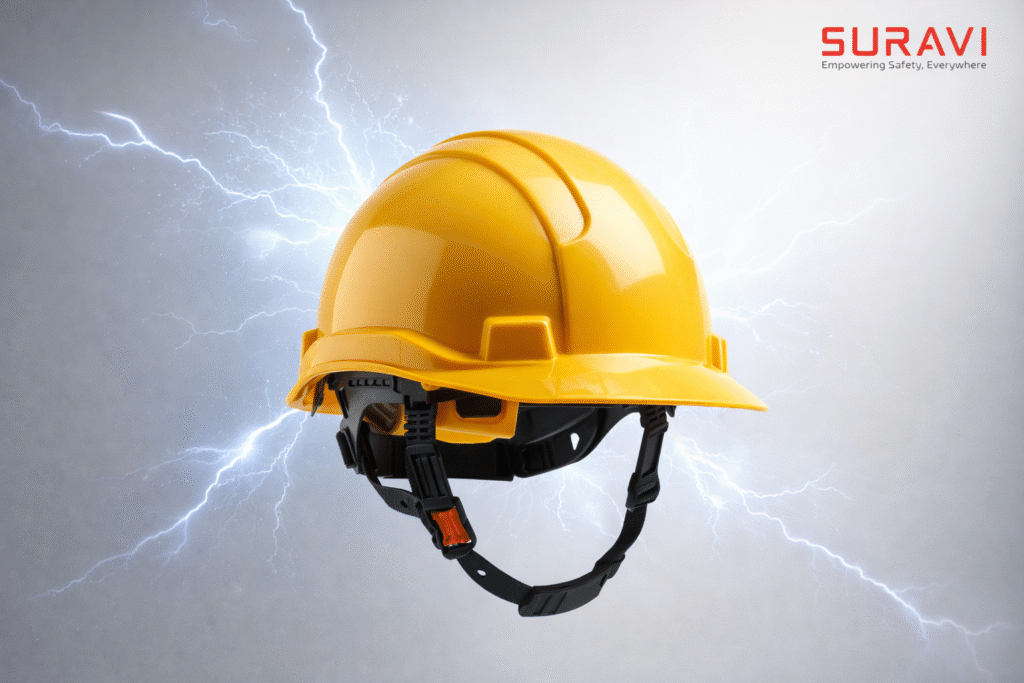Electrical insulated safety helmet with lightning background for protection against electric shock