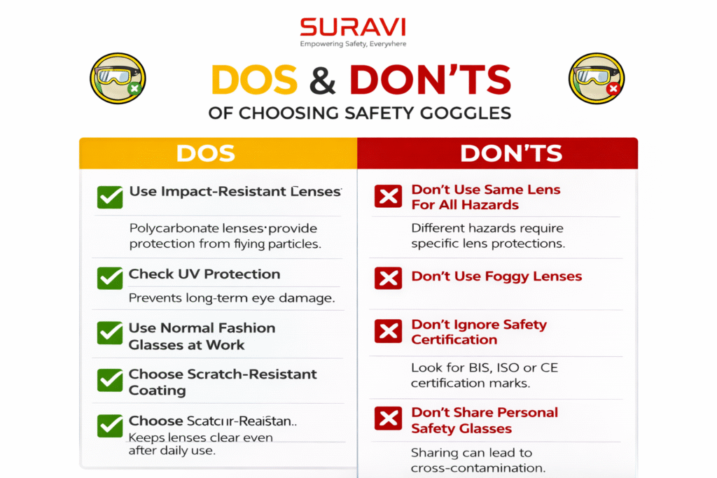 Dos and Don’ts of choosing safety goggles infographic showing impact-resistant lenses, UV protection, scratch-resistant coating, and certification guidelines.