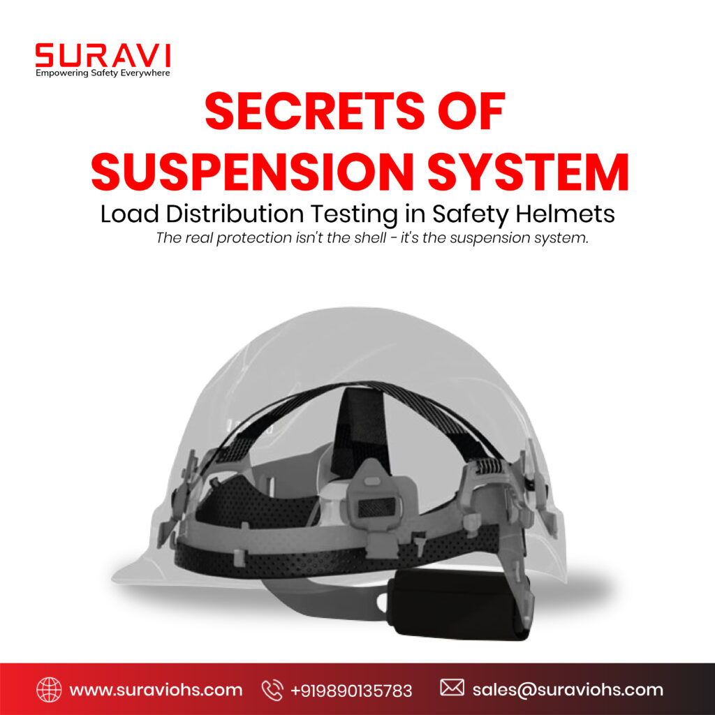 Safety helmet suspension system showing internal straps and load distribution design for improved head protection and impact absorption in industrial safety helmets.