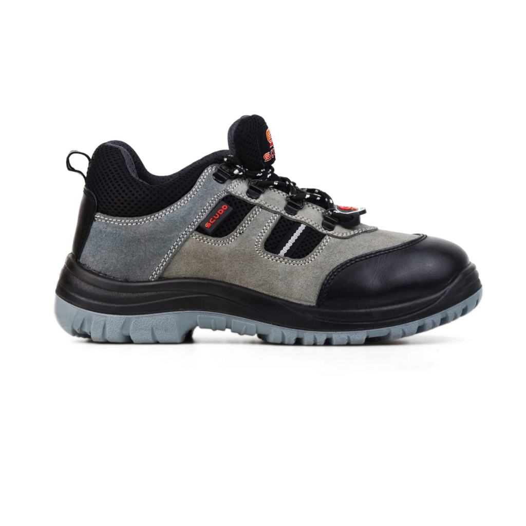 Comfortable safety shoes infographic showing how lightweight design, breathable materials, flexible soles, shock absorption, and supportive insoles improve worker productivity and reduce fatigue.