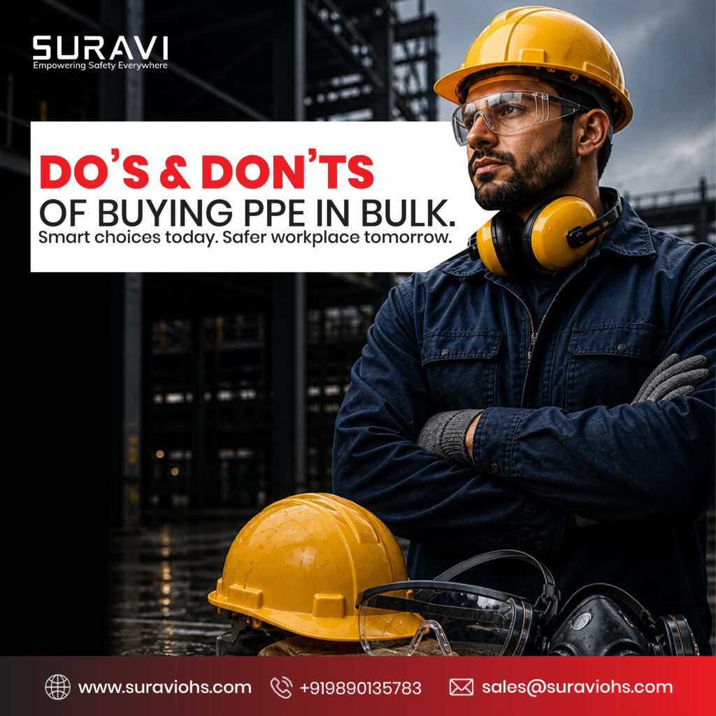 Industrial worker wearing PPE safety helmet, goggles, gloves, and hearing protection with text Do’s and Don’ts of Buying PPE in Bulk